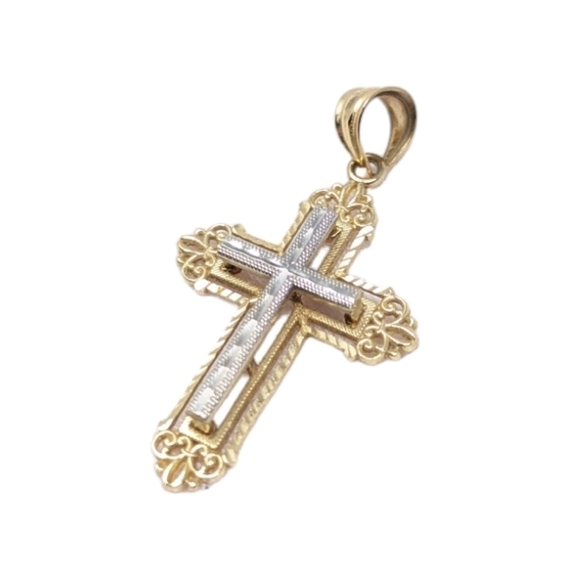 14K Two-Tone Solid Gold Vintage Cross Pendant 1.6g 1.25"H - Picture 6 of 11